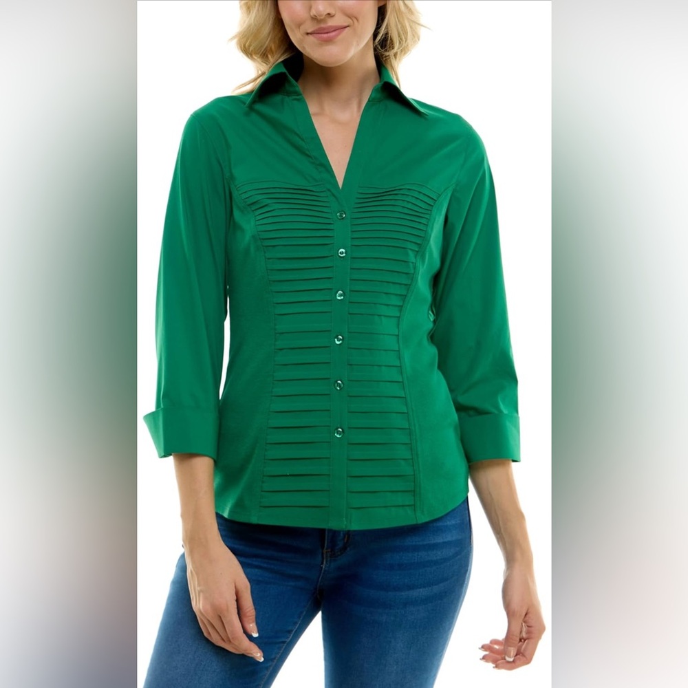 Zac & Rachel Women's 3/4 Cuff Sleeve Button Down Top with Ribbed Knit Inserts